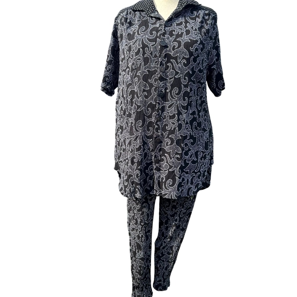 We-Be-Bop Womens Pant Set 1X‎ Black White Scroll Crinkle Lagenlook Art To Wear
